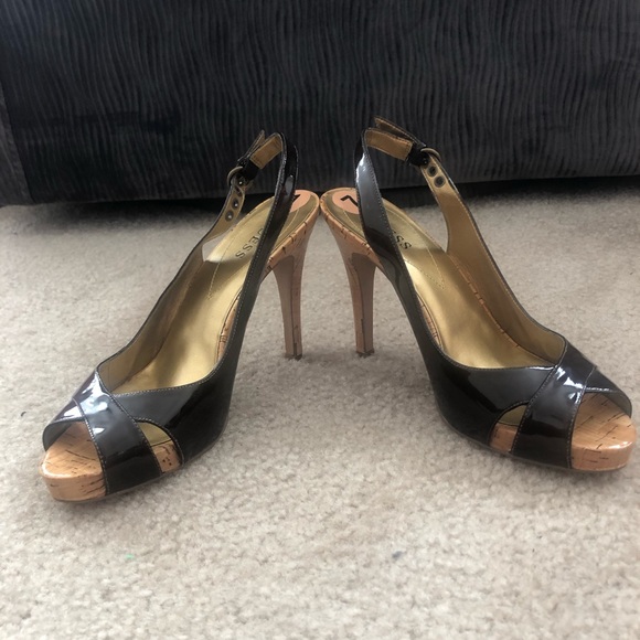 Guess Brown Patent Leather Peep Toe Slingback Heels - Picture 7 of 7